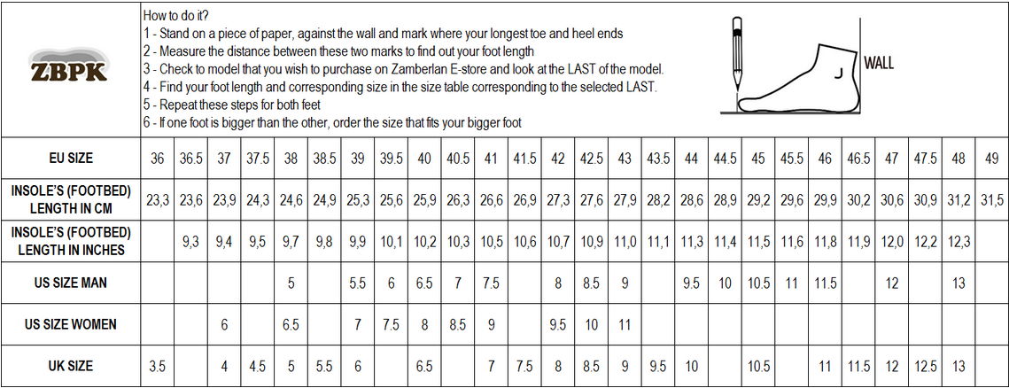 Размерная таблица обуви Zamberlan